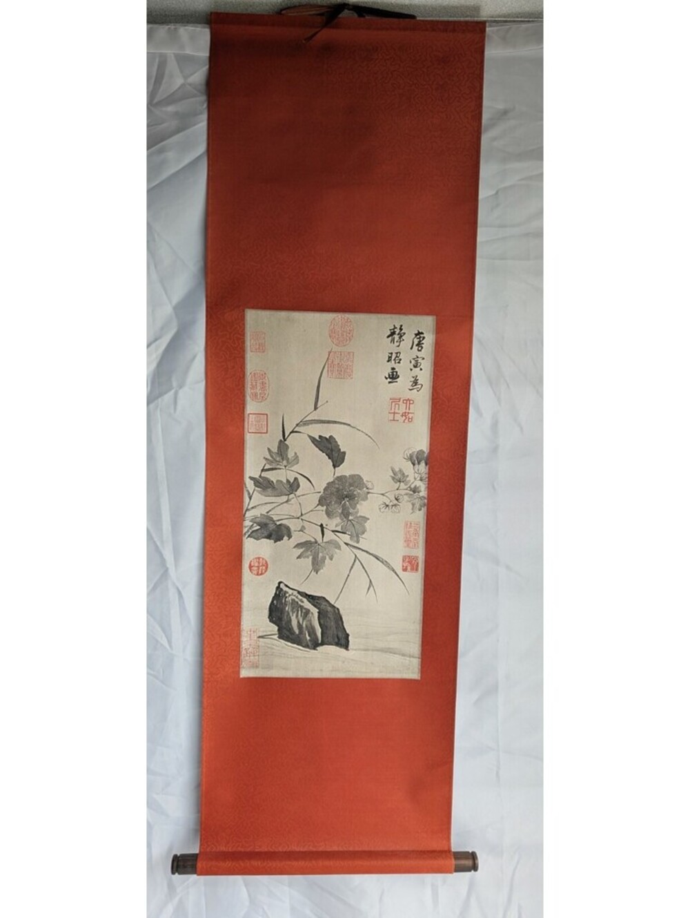 Vintage Chinese Wall Scroll Tang Yin Reproduction Hibiscus Print Silk Mounted